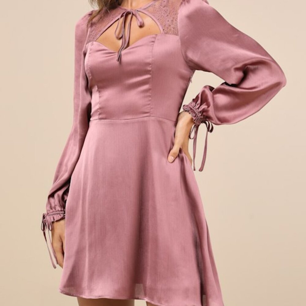Lulus Consistent Beauty Mauve Pink Lace Cutout Long Sleeve Mini Dress - Size XL